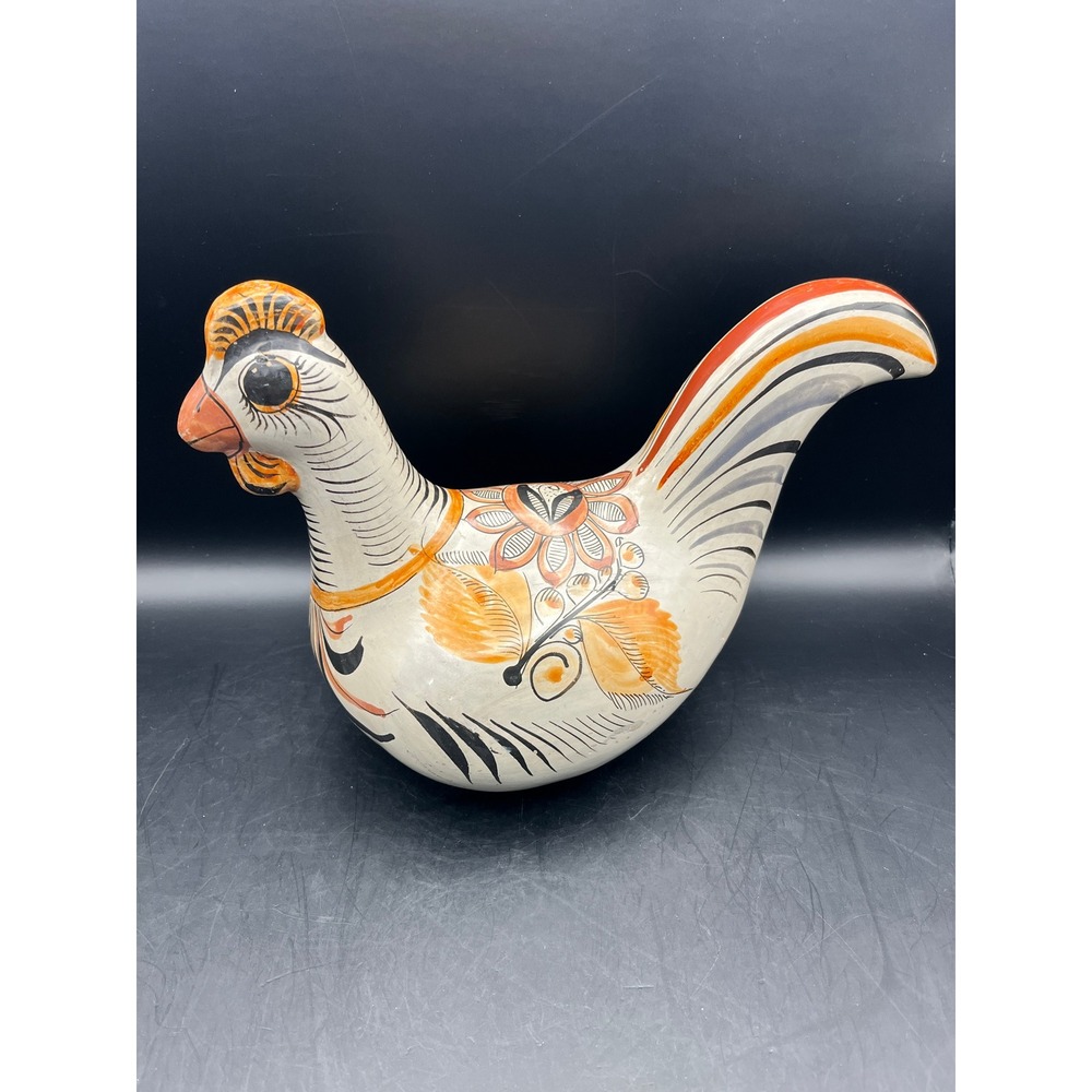 Vtg Mexican Tonala Pottery Chicken Figurine‎ Hand Painted Folk Art Decor 9"x6"